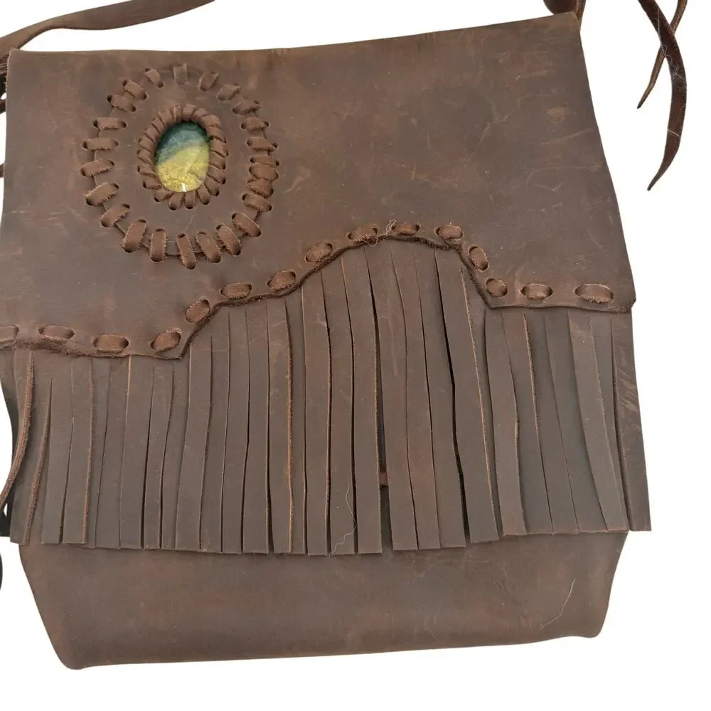 Handmade Brown leather fringe Crossbody bag